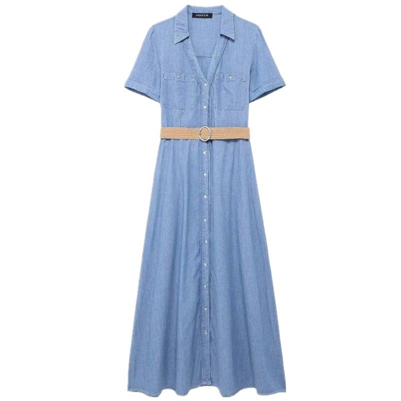 Fashion Style 2024 Summer New Women's Clothing with Belt Shirt Style Midi Skirt Dress Long Dress 7929052