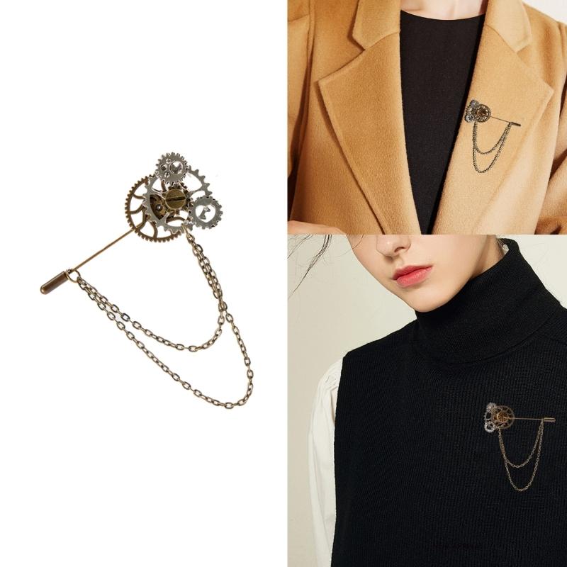 Steampunk Lapel Pin Gothic Vintage Gear Brooches with Metal Chain Badges Jewelry Collar Pin for Women Man Party Gifts