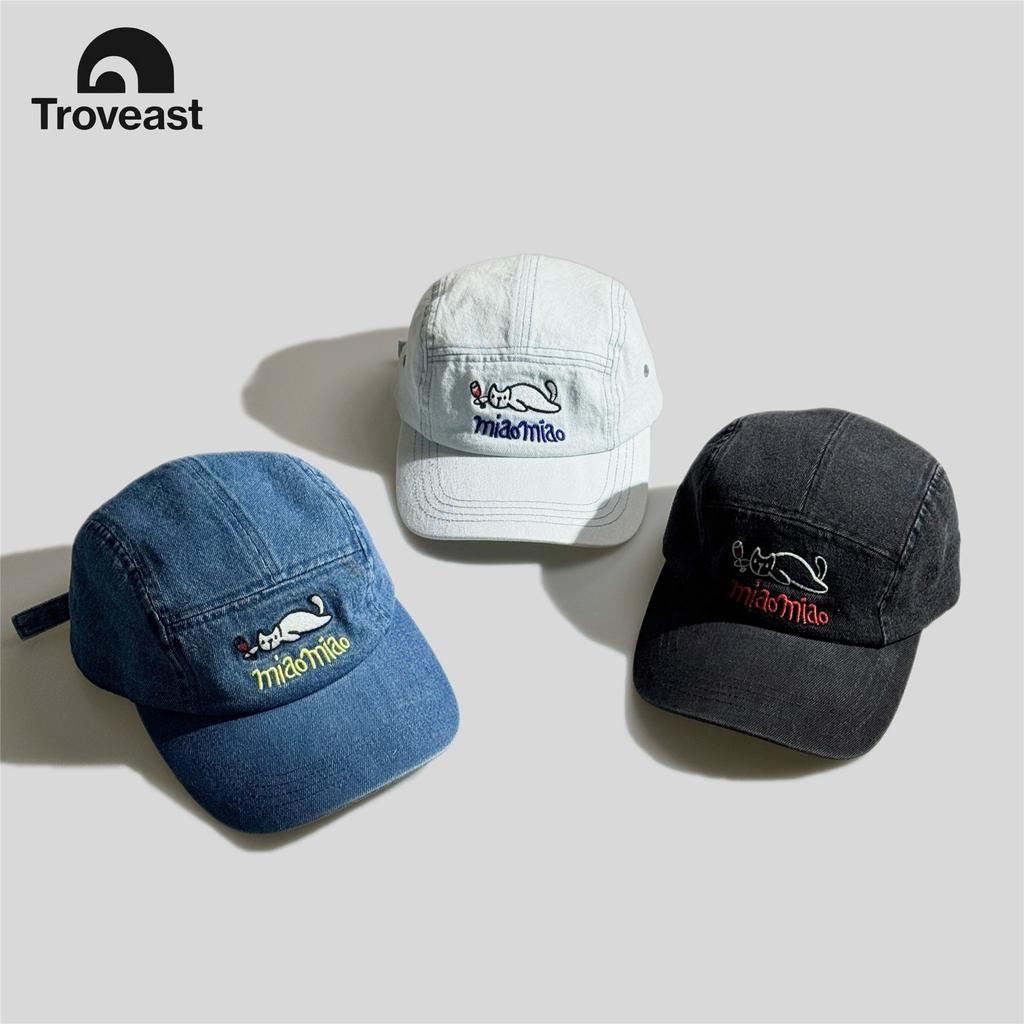 Korean-style cat letter embroidery washed denim baseball cap for women, wide brim, makes face look smaller, sunshade duckbill hat