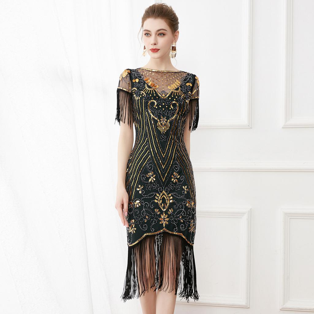 1920S Retro Ball Embroidered Fringed Dress Cocktail Party Large Size Sequined Beaded Mesh Dress
