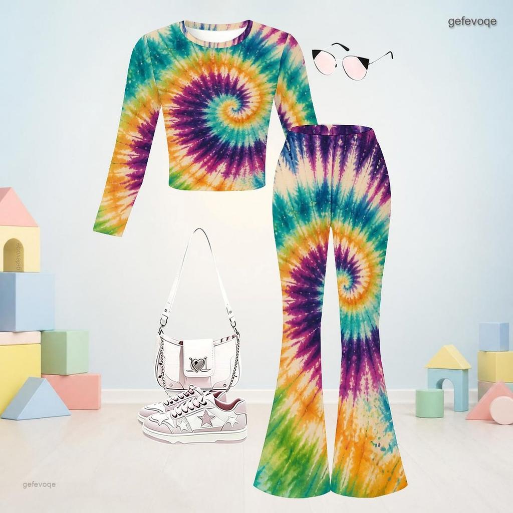 Girls Round Neck Long Sleeve Printed Crop Top Flared Pants Two Piece Set