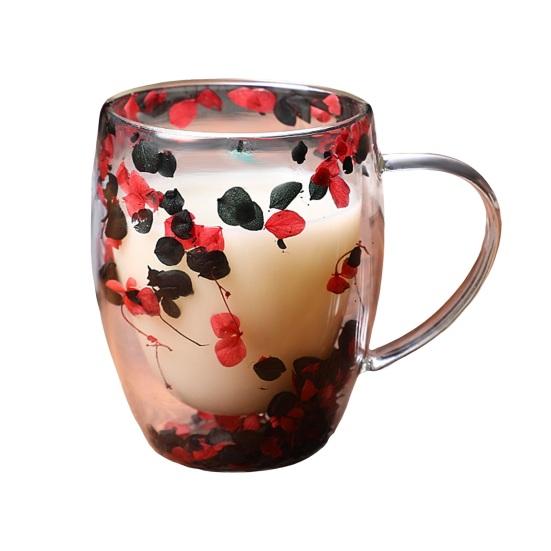 Кружка стеклянная с двойными стенками, с цветочным декором, 250 мл/350 мл, прозрачная, эстетичная, чашка для напитков с изолированной ручкой, украшенная настоящими цветами, двойная