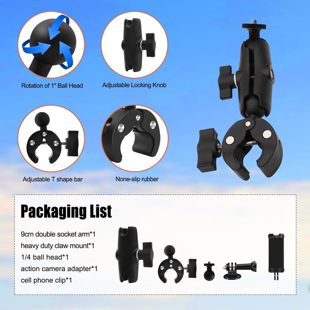 HAFOKO Мотоцикл Велосипед Крепление-зажим для камеры Двойной рычаг с двумя шаровыми головками Регулировка угла Адаптер Подходит для Gopro AKASO DJI Action Insta Camera Смартфон