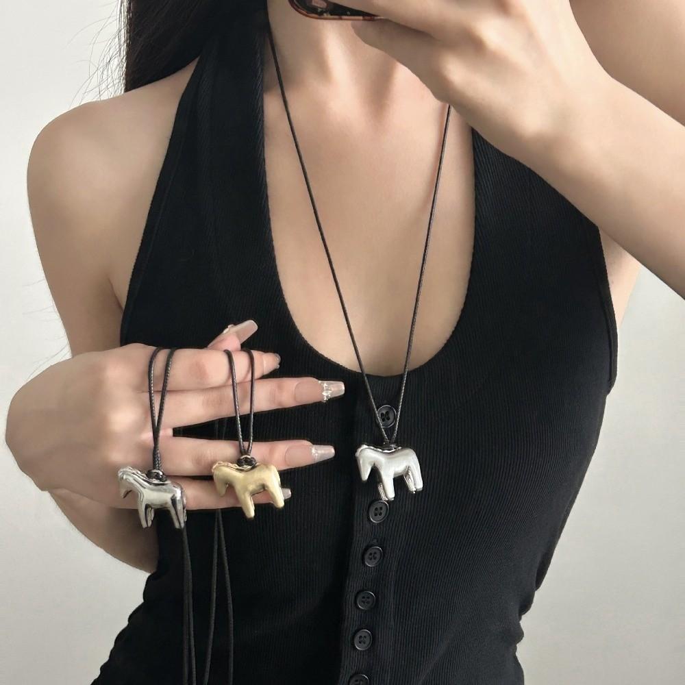 Long Horse Pendant Necklace Zinc Zinc Alloy Leather Rope Necklace Versatile Pony Sweater Chain  Girls