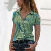 Summer Women's Loose V-neck T-shirt Printed Zipper Short-Sleeved