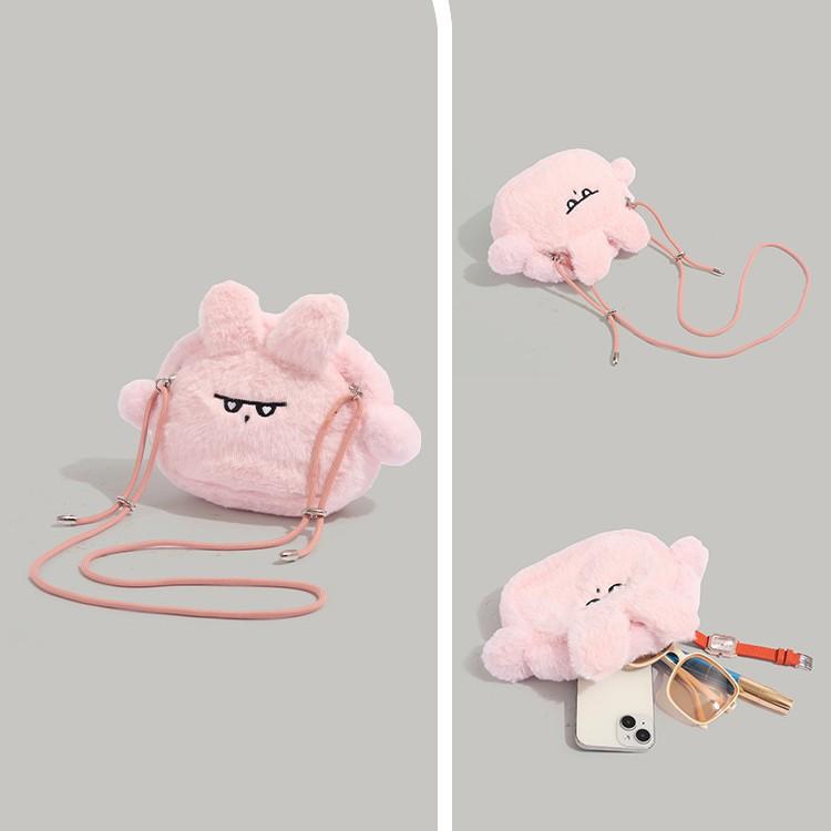 2024 Autumn Winter New Fluffy Pink Bunny Headphone Bag Cute Cartoon Mini Girl Plush Single Shoulder Crossbody Bag