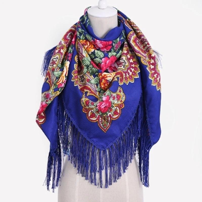 Fashion Big Size Square Scarf Cotton Long Tassel Print Scarf In Spring Winter Shawl for Women Floural