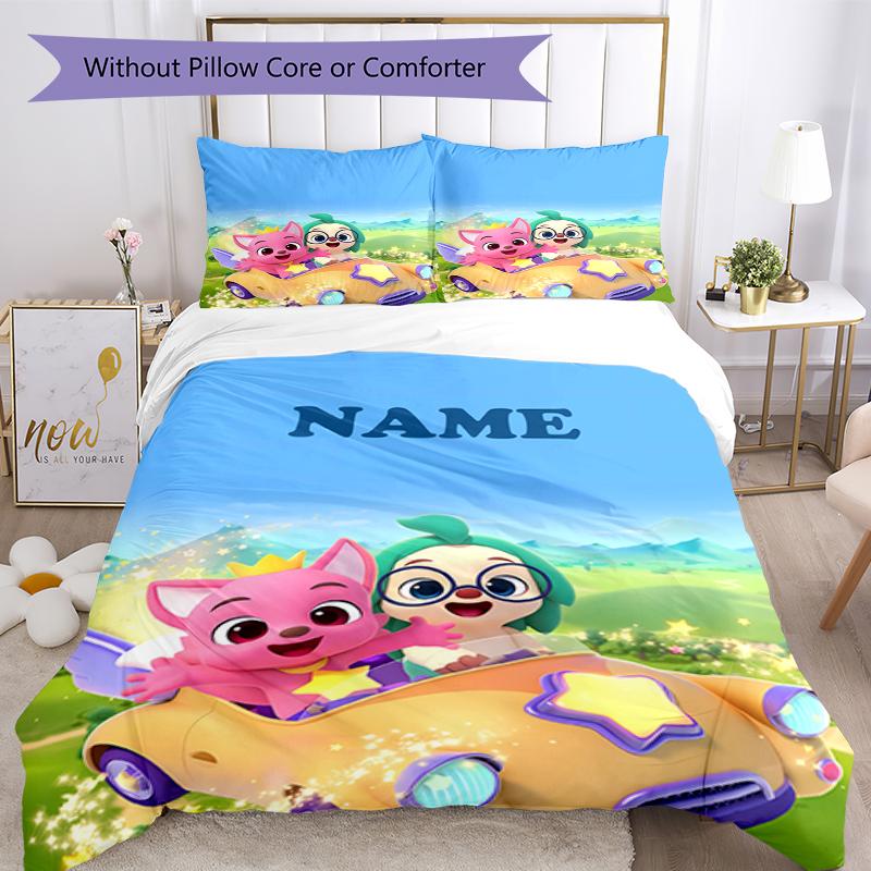 3pcs Custom Name Pinkfong Wonderstar Bedding Set Duvet Cover Closure Includes 1 Duvet Cover & 2 Pillowcases, Soft and Comfortable for All Seasons.