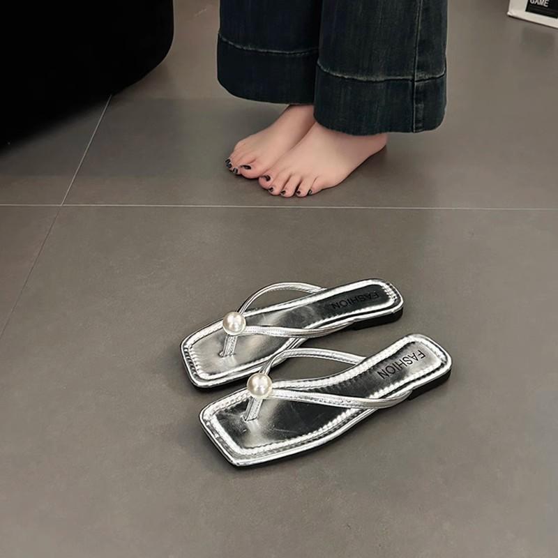 Новая приморская пляжная обувь Корейская версия женской летней моды плоская подошва простые однотонные жемчужные шлепанцы обувь универсальная