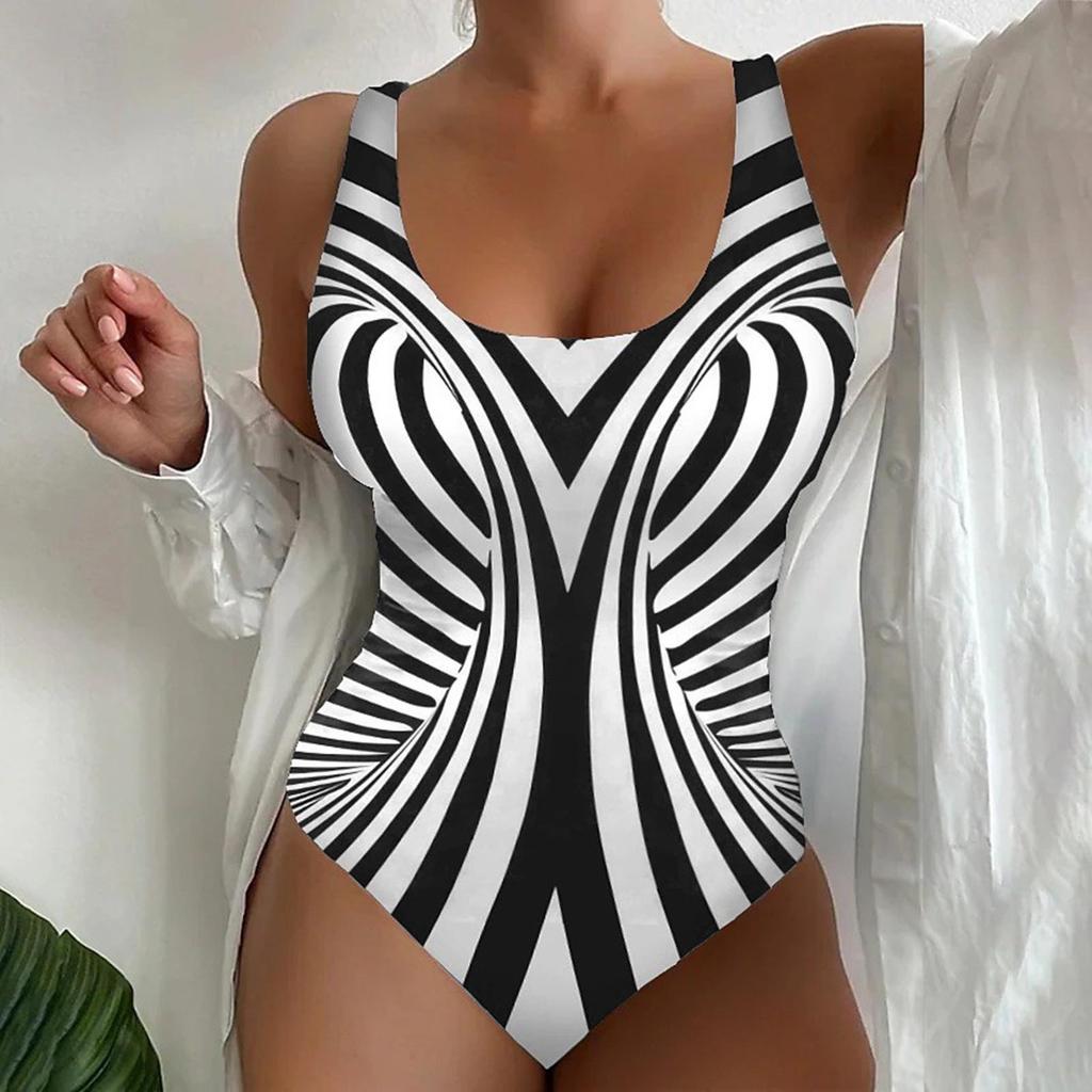 Swimwear For Women Tummy Control Women Large Size Swimwear Figure Shaping U Neck Striped Print Sports Swimsuits Woman 2025
