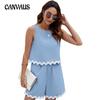 Women's New Spring and Summer Edging Splicing Round Neck Sleeveless Vest Shorts Set