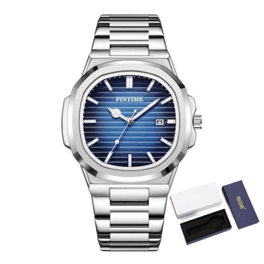 Luxury Man Watch Square Waterproof Luminous Date Week Men Watch Stainless Steel Quartz Men's Watches Reloj+box