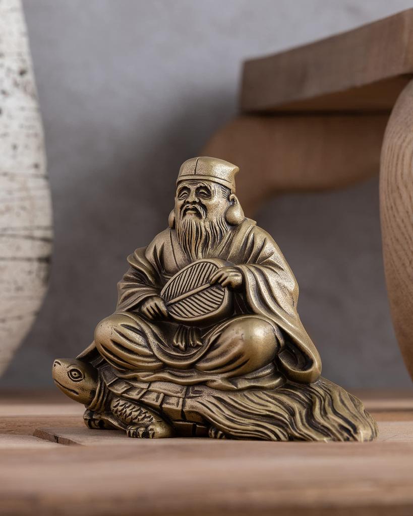 One of the Seven Lucky Gods, Jurojin, Silky Gold. Sculptor: Shuun Makita. Original: Antique Gold. Buddhist Statue. Takaoka Bronzeware (Jurojin 7F).