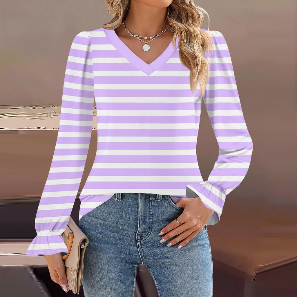 Women's Daily Casual Long-sleeved Striped Printed V-neck Top