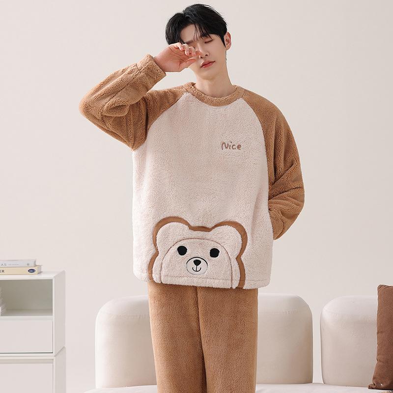 Парные пижамы Осень И Зима Зимний Коралловый Флис Утепленный Флис Фланель Мужской И Женский Милый Комплект Домашней Одежды
