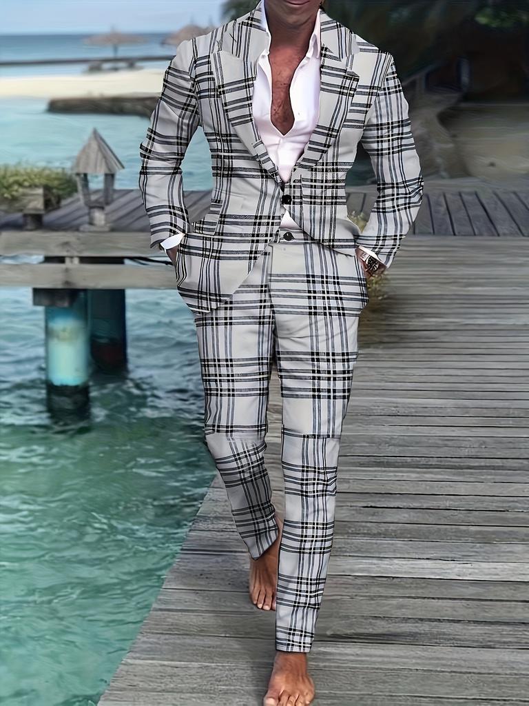 Комплект из 2 предметов: мужской клетчатый костюм больших размеров, пиджак на одной пуговице с лацканами и брюки для делового и повседневного ношения, подходящий для официальных мероприятий