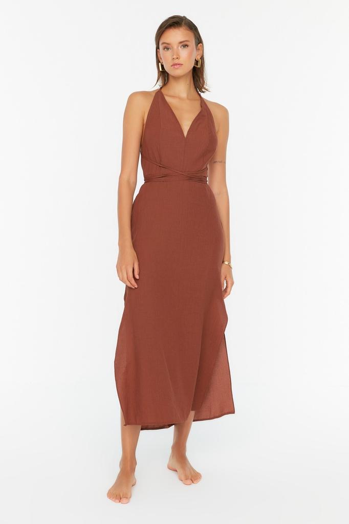 Женское стильное платье Черное тканое пляжное платье миди с открытой спиной