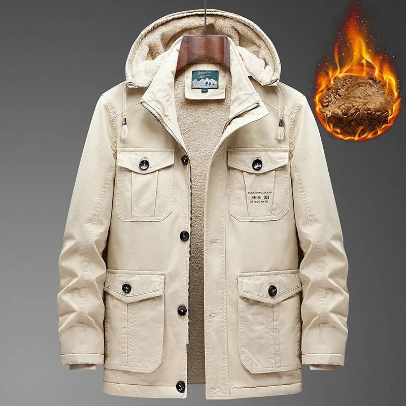 Мужская куртка с хлопковой подкладкой высшего качества Мужская зимняя куртка с утеплителем, защищающим от холода, плюс утолщенная бархатная куртка с отделкой под инструмент Куртка средней длины с хлопковой подкладкой