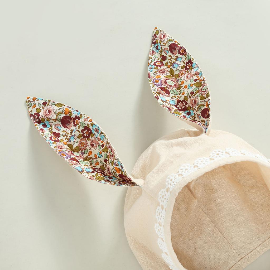 Летний повседневный комбинезон для маленьких девочек без рукавов с цветочным принтом и заячьими ушками, комбинезон с мультяшной шапкой