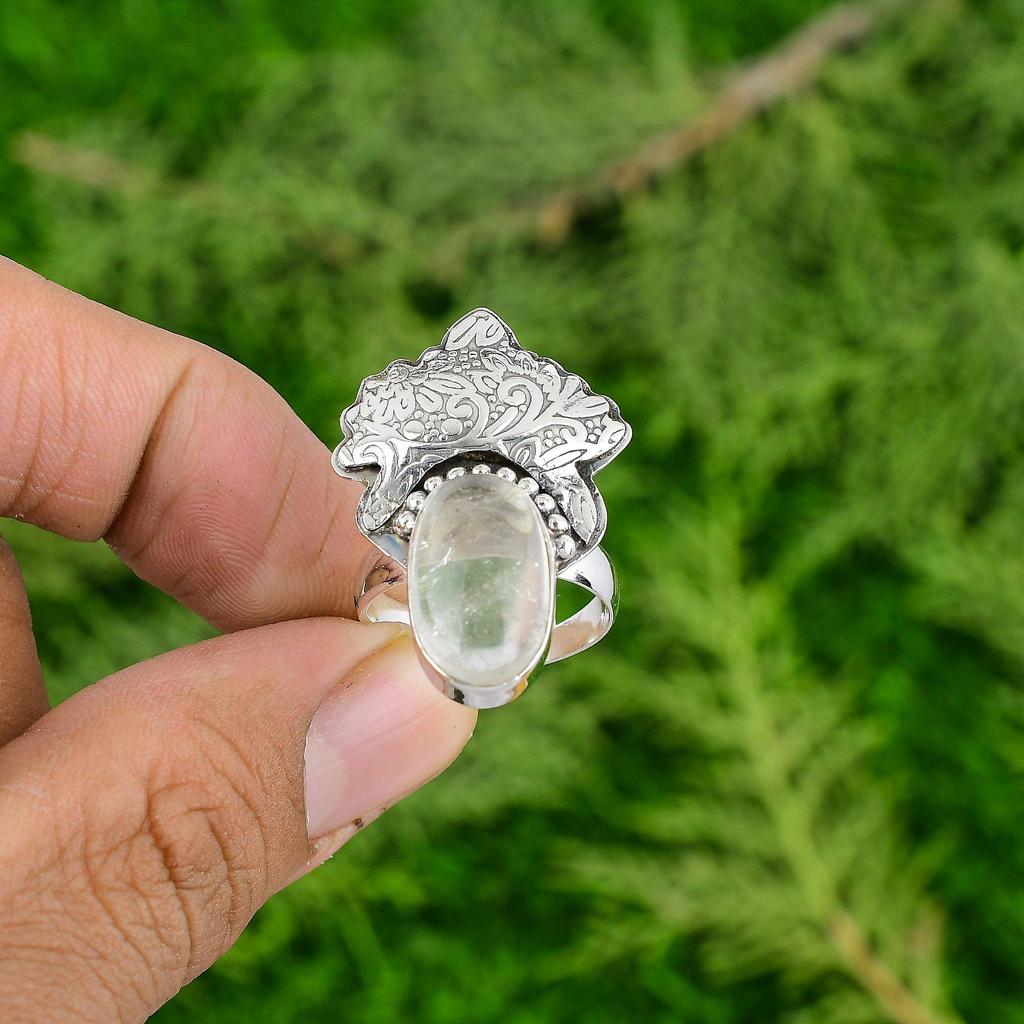 925 Silver Oval White Quartz Stone Unique Wedding Elegant Statement Mother Ring