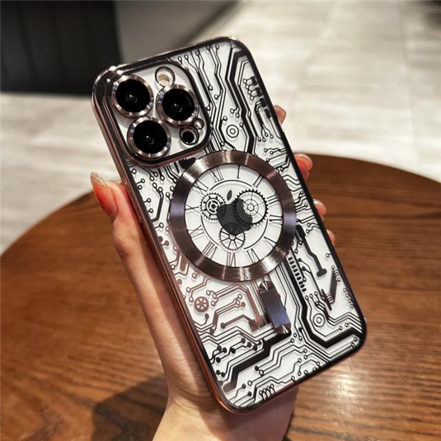 Для iPhone 15 Pro Max Высококачественный Роскошный Покрытие Magsafe Магнитный Механический Узор Чехол для Телефона Для iPhone 11 12 13 14 Plus Защитная Крышка