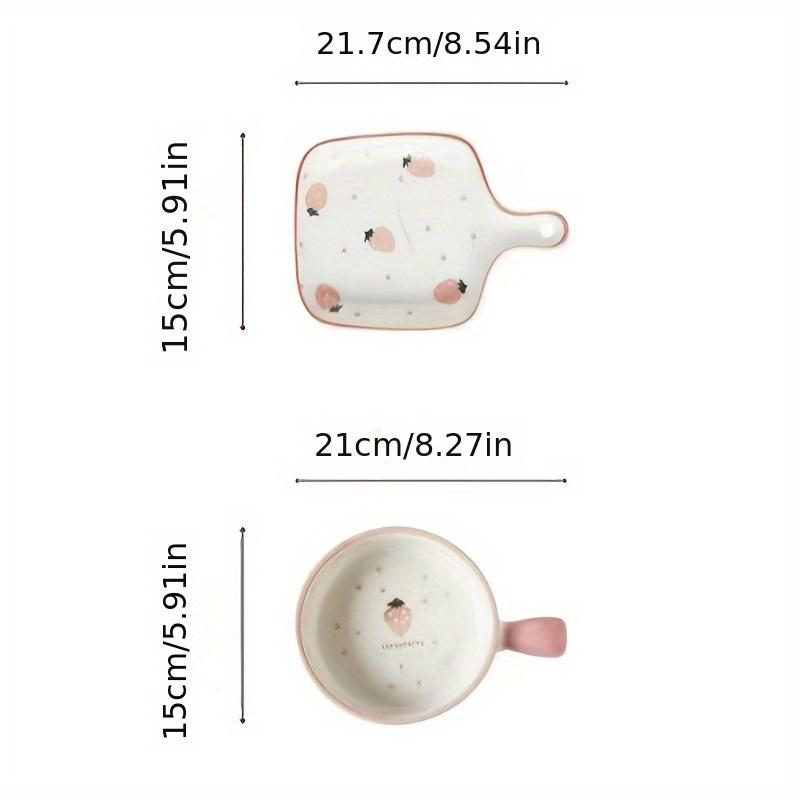 2pcs Handled Bowl Plate Set, Strawberry Hand Painted Ceramic Tableware for Home Use