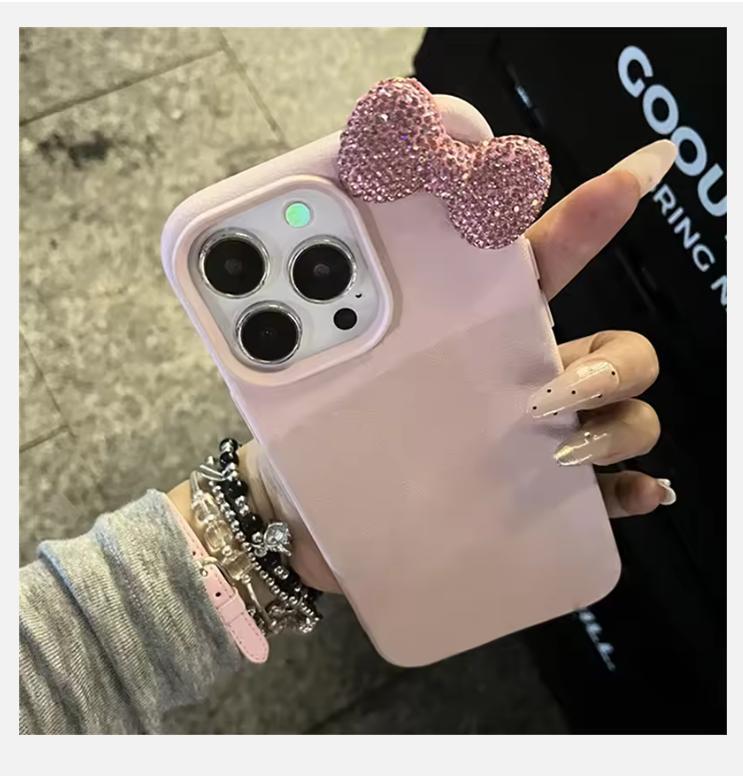 2025 Luxury Rhinestone Bow Litchi Pattern Leather Shockproof Phone Case For iPhone 16 15 14 13 12 11 Pro Max X XS XR 7 Plus Soft Case