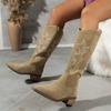 Retro Embroidered V-neck Women's Boots Brown Coarse Heel Midsole Knight Boots Short Boots
