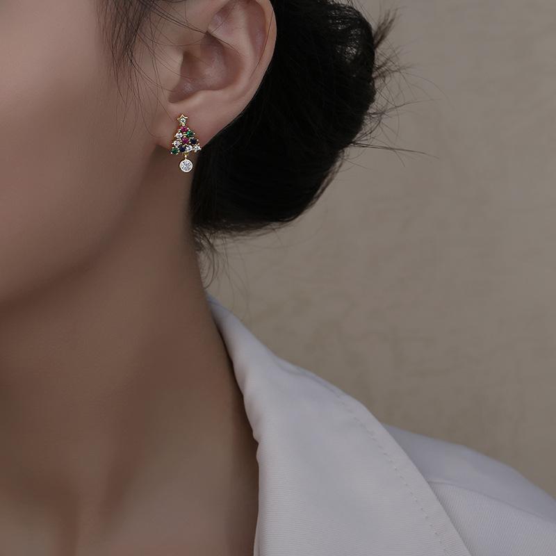 925 Sterling Silver Needle Christmas Tree Earrings New Trendy Temperament Ear Jewelry Ins Simple Niche Design Color Zirconium Earrings 2026