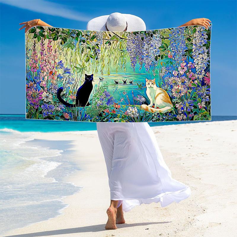 Cute Cat Print Beach Towel, Large Soft Quick Dry Towel for Beach Camping Swimming