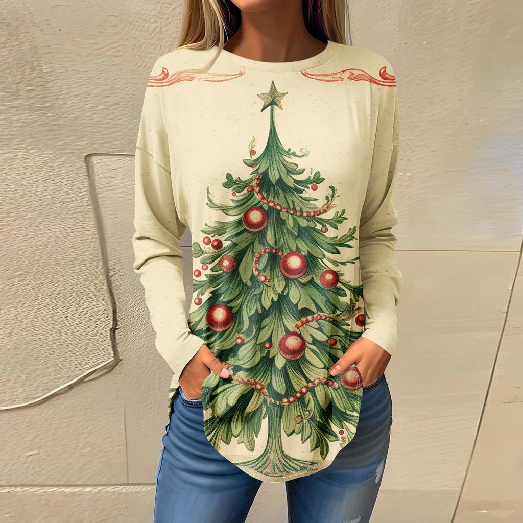 Футболки для женщин, осенние повседневные рубашки с длинными рукавами, толстовка с ретро-принтом, топ для рождественской вечеринки, пуловер