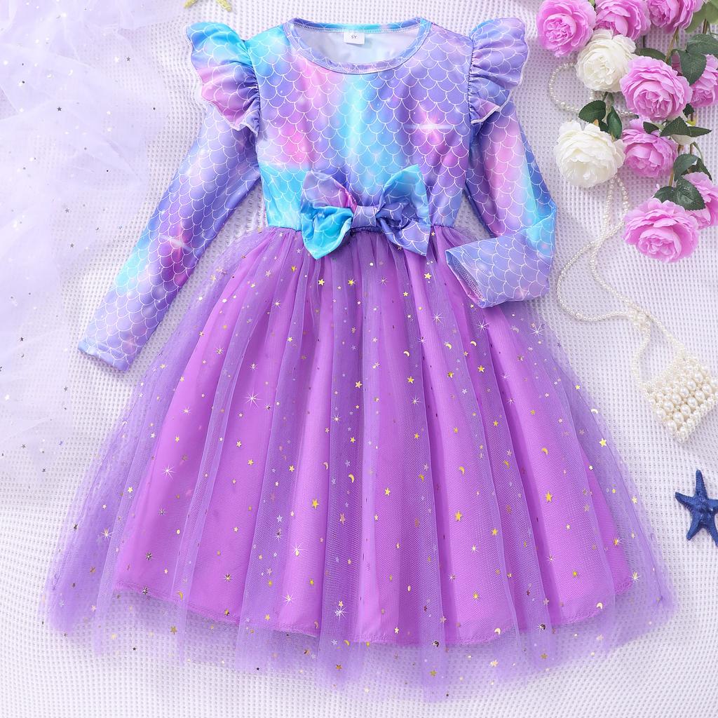 Girls Fashion Long-sleeved Round Neck Fishscale Mesh Dress Spring Summer Casual Dress for Children