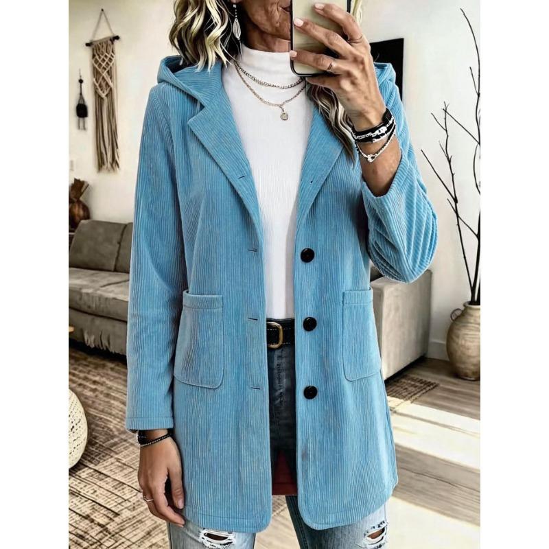 Women Hooded Corduroy Jacket Loose Mid Length Casual Outerwear