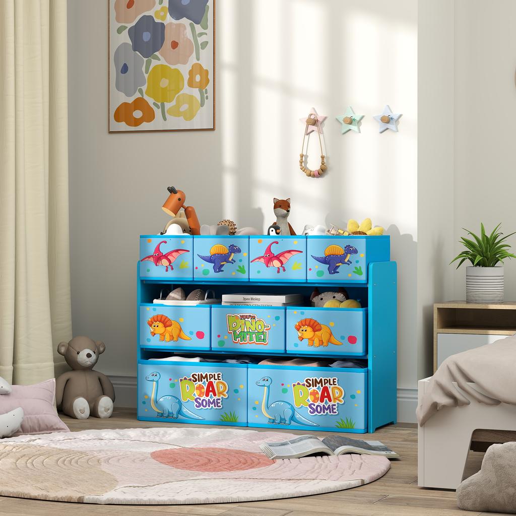 3-Tier Kids Storage Unit with 9 Non-Woven Fabric Boxes for Toys, Books, for Bedroom, Nursery, Blue