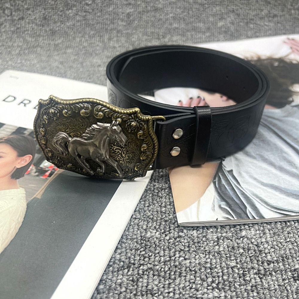 Harajuku Punk Rock Belt Hip Hop Horse Head Buckle Belt Women Man Leather Embossed Belt