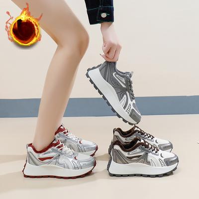 Женские зимние теплые кроссовки на платформе, повседневные удобные нескользящие кроссовки для бега, прогулочные туфли на шнуровке с подкладкой из искусственного меха, теннисные кроссовки для женщин