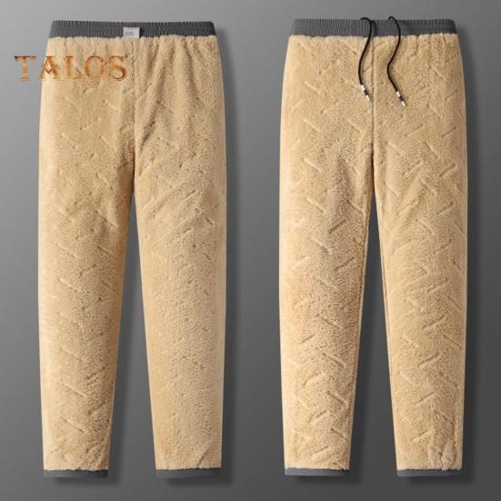 Winter Men Pants Thick Fleece Drawstring Elastic Waist Heat Retention Zipper Pockets Solid Color Warm Sport Travel Work Trousers