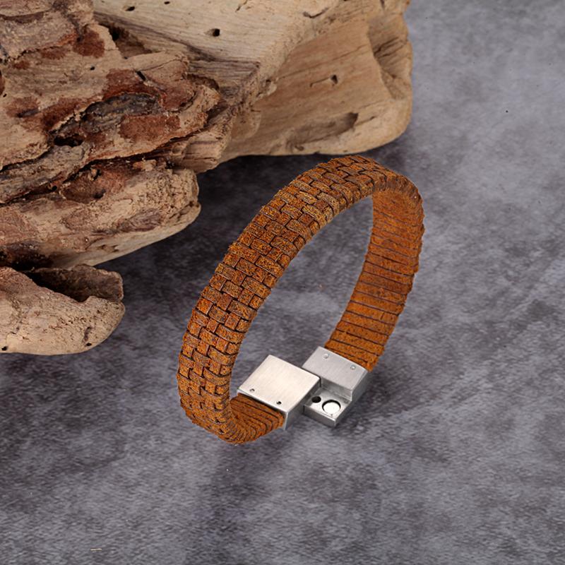 REPTILE LEATHER BRACELET Stainless Steel Reptile Design Bracelet with Light Brown Woven Genuine Italian Leather