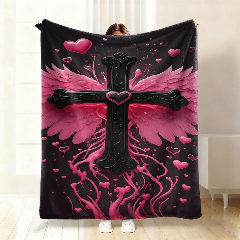 Angel wings and Gothic cross pattern Flannel printed blanket suitable for all seasons suitable for living office sofa and travel