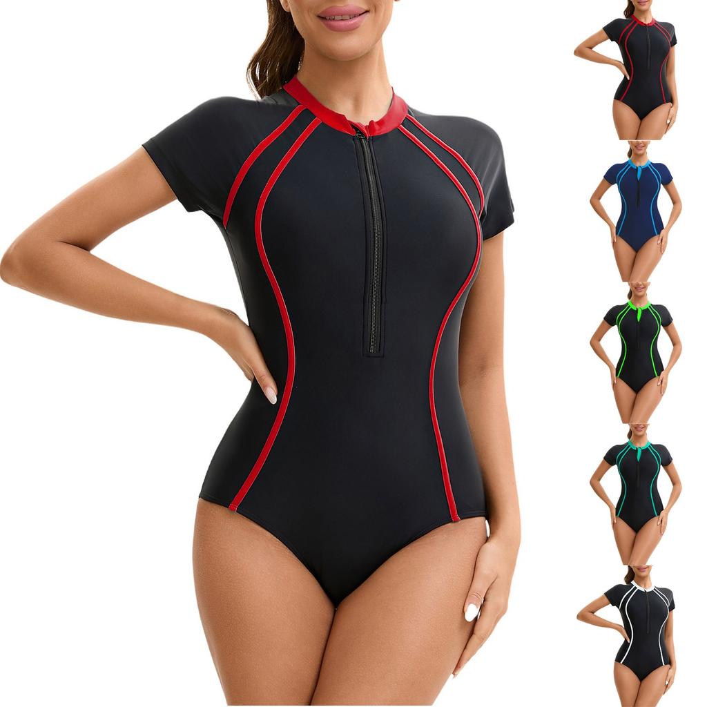Women's Short-sleeved Zipper Flat Corner One-piece Swimsuit Women's Three-point Pant With Breast Cushion Swimsuit