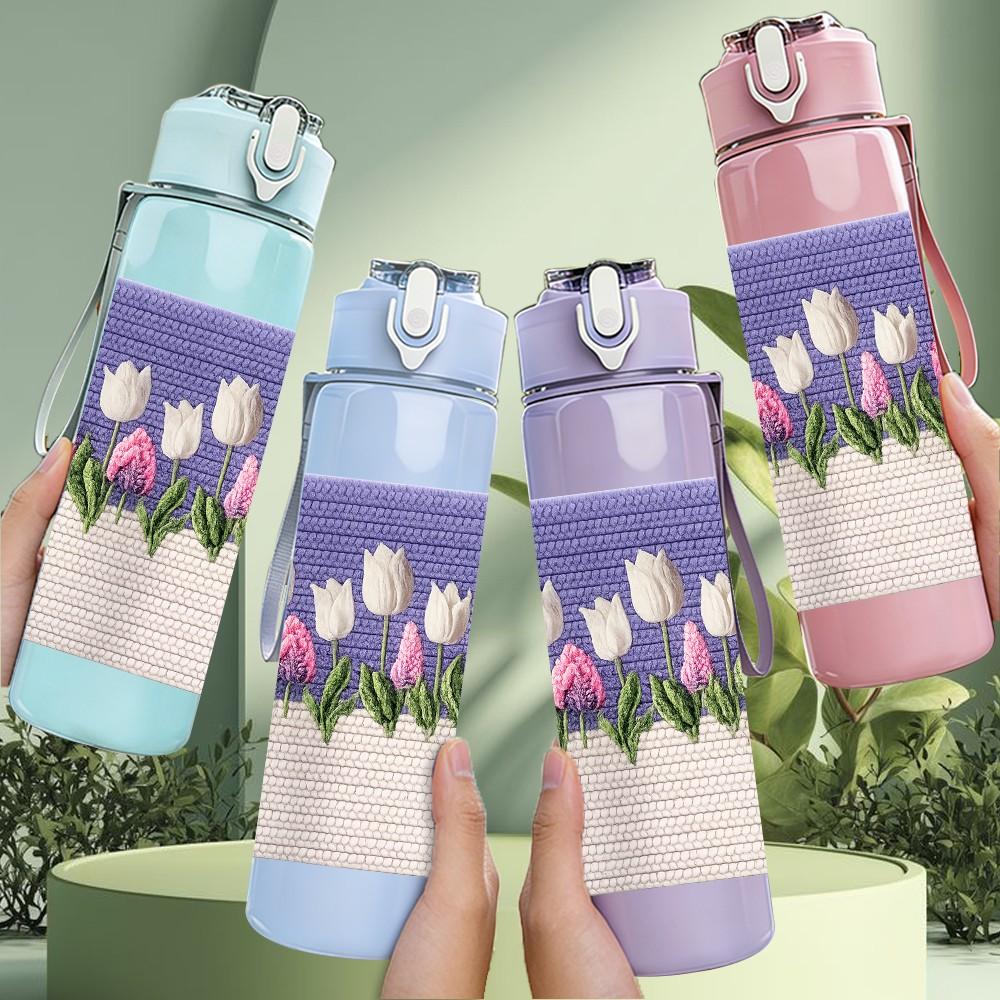1PC Purple Tulip Flower Border Print 750ml Color Plastic Sports Water Bottle Leakproof Flip Straw Lid Suitable for Sports Office Home Use