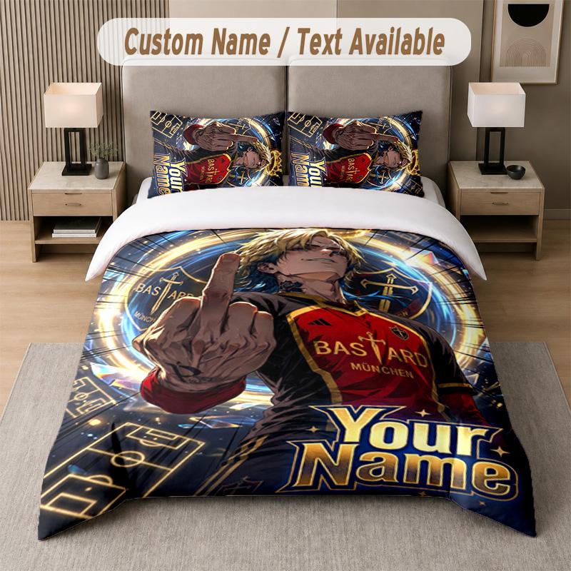 Blue Lock 3Pcs Bedding Set, Personalized Custom Name Text, 1 Duvet Cover & 2 Pillowcases For Bedroom
