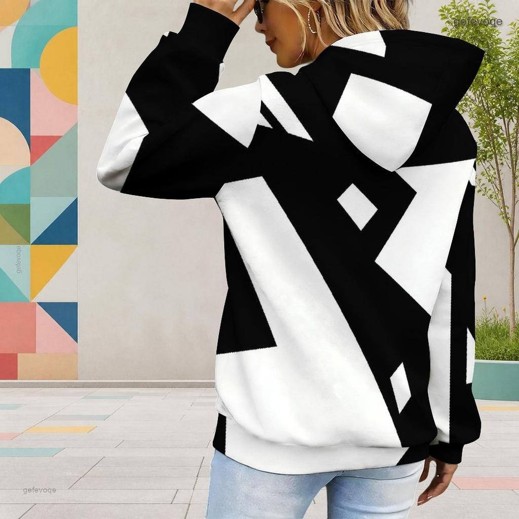Women Plus Size Black And White Printed Long Sleeve Drawstring Hood Kangaroo Pocket Hooded Pullover