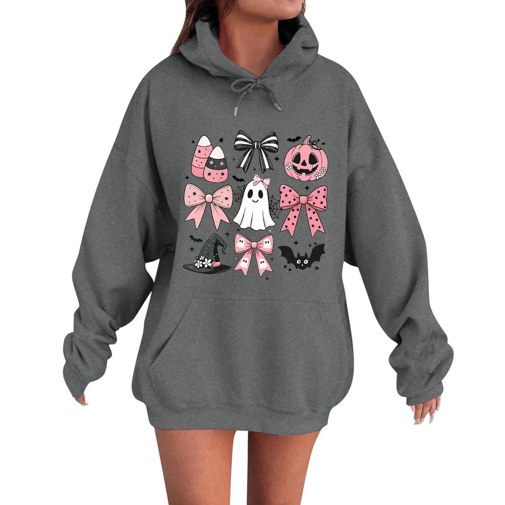 Женская повседневная модная удобная толстовка с круглым вырезом, капюшоном и длинными рукавами с принтом на Хэллоуин, теплая