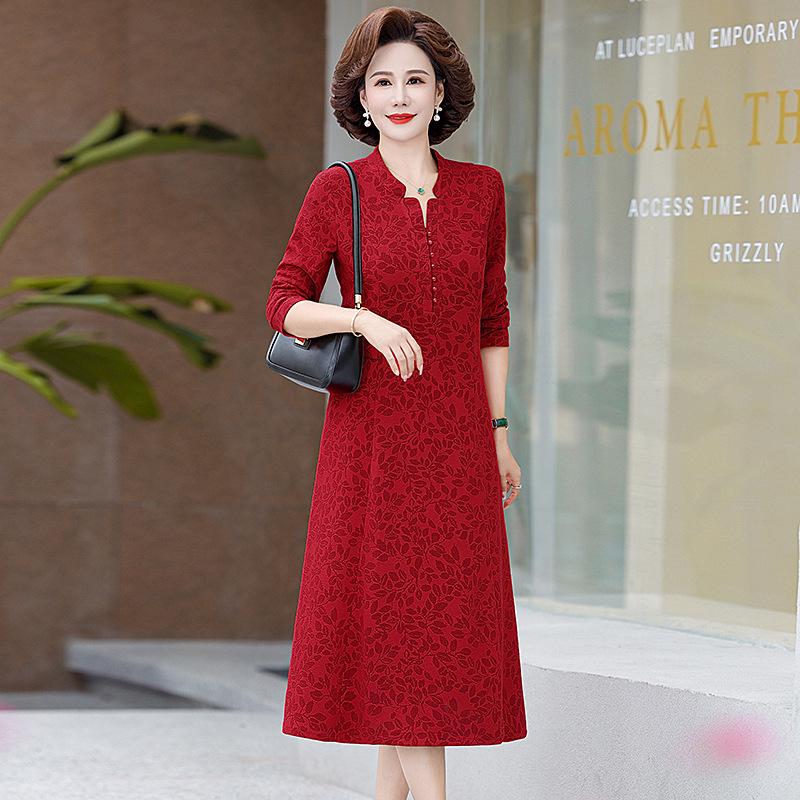 Мамино платье средней длины большого размера с флисовой подкладкой для весны и осени - Приталенный стиль для женщин среднего и пожилого возраста
