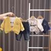 Осенний комплект-тройка с длинными рукавами для мальчиков 0-5 лет, Детская куртка с принтом улыбающегося лица + белая футболка с длинными рукавами + повседневные джинсовые брюки