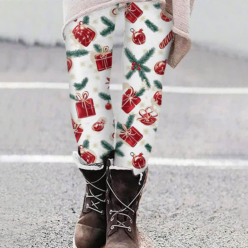 Women's Casual Christmas Tree Snowflake Print Slim Fit Elastic Yoga Pants Cropped Pants
