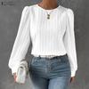 Women Casual Round Neck Loose Long Sleeve Plain Blouse
