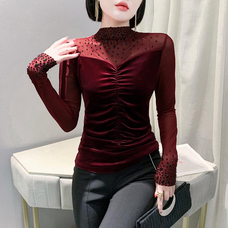 2024 Autumn/Winter V-Neck Women's Long Sleeve Beaded T-Shirt with Stylish Hot Drilled Design