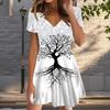 Летняя мода женские V-образный вырез короткий рукав большое дерево печатное платье сексуальные короткие юбки платья